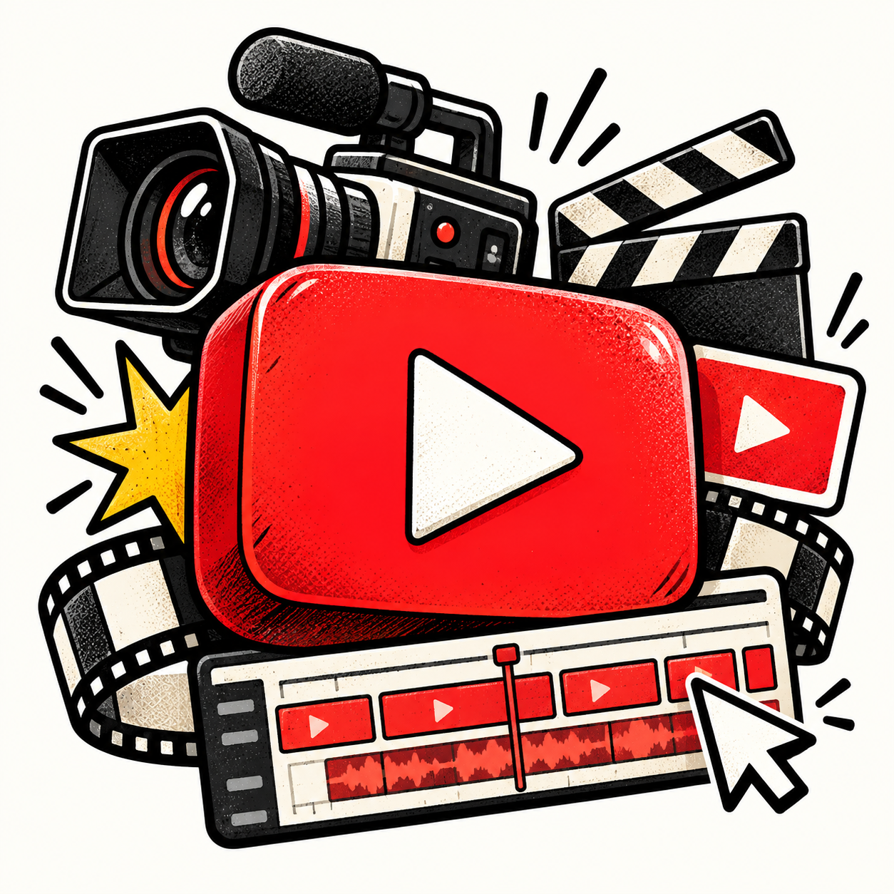 Иллюстрация: камера, хлопушка и красная кнопка воспроизведения YouTube